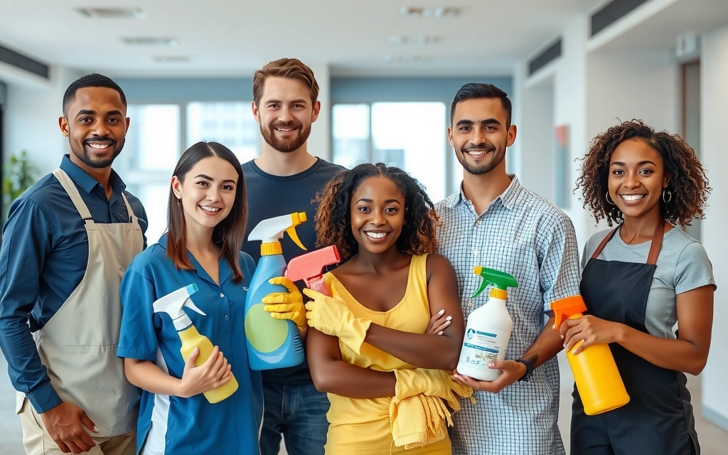 A professional cleaning team smiling and holding cleaning supplies in a modern, sparkling clean office environment.
