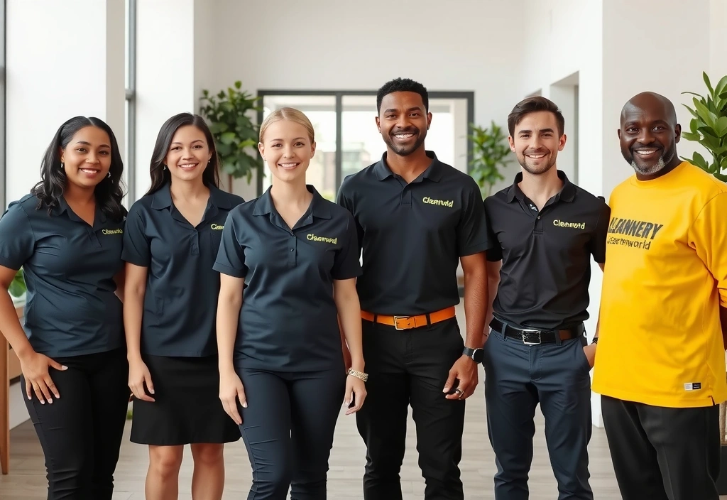 A diverse, smiling team of professional cleaners in Cleanerworld uniforms, confidently standing together in a clean, modern setting.