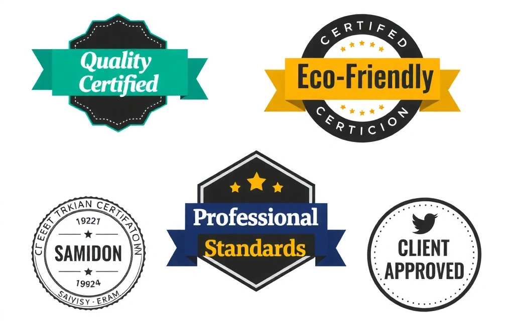 A collection of stylized badges and certifications representing Cleanerworld's commitment to quality, environmental safety, and professional standards.
