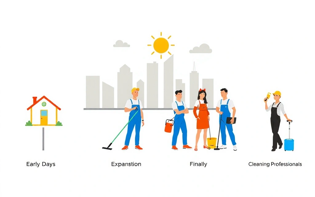 An artistic depiction of Cleanerworld's growth from a small local business to a reputable cleaning company, showing a timeline with milestones like team expansion and new services.