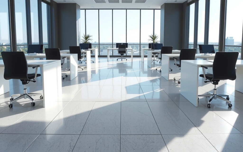 A pristine, modern office space after professional commercial cleaning, with gleaming floors and dust-free surfaces.