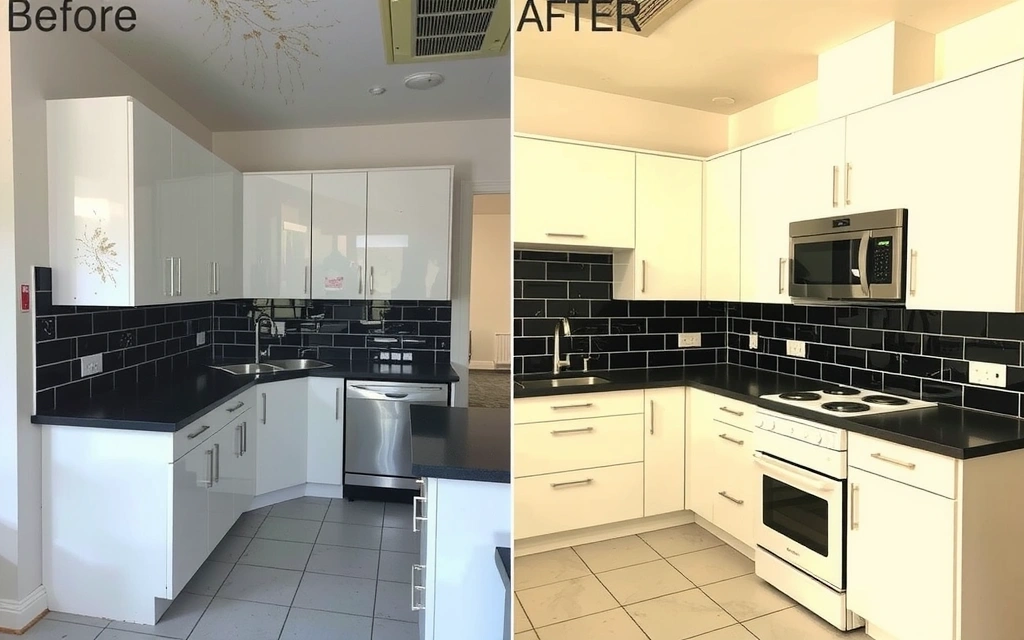 Before and after a deep kitchen cleaning, showing a dramatic transformation from grime to sparkle.