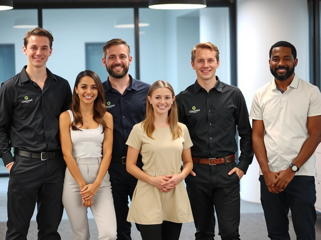 Cleanerworld team smiling in a pristine office environment