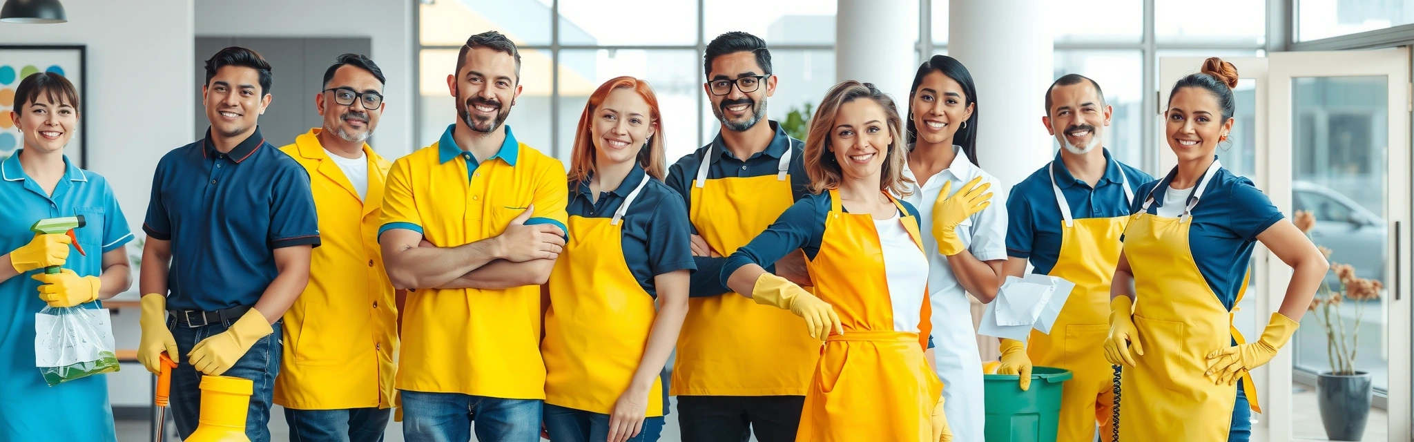 Diverse cleaning team working in various environments