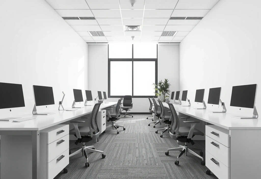 Modern office space with desks and computers, perfectly clean