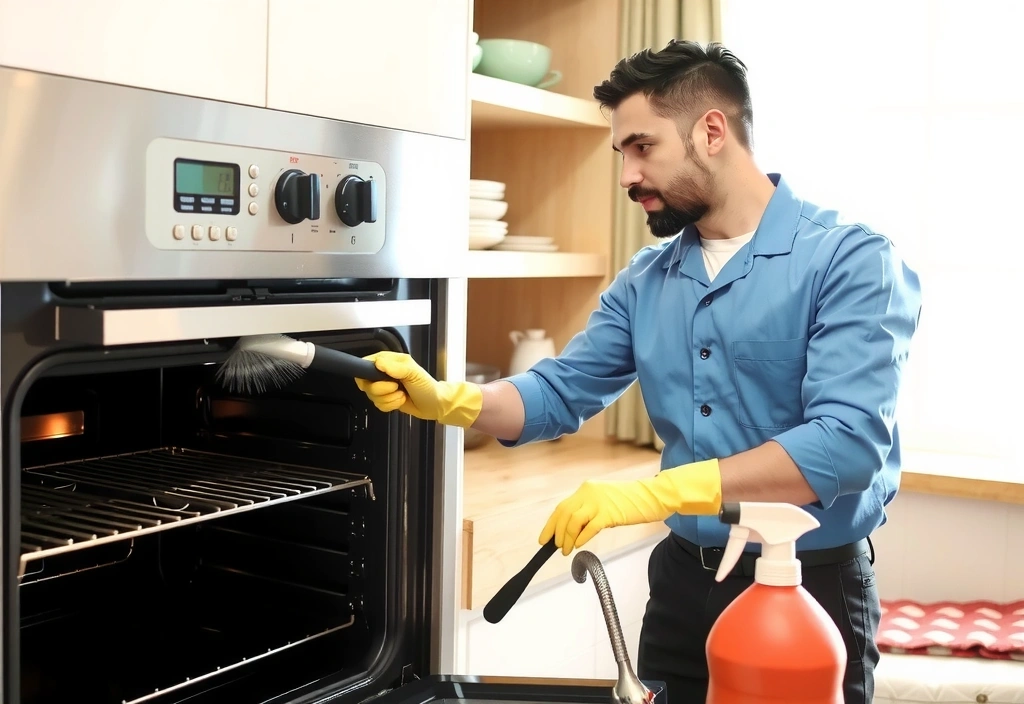 Professional cleaner performing deep cleaning in a kitchen