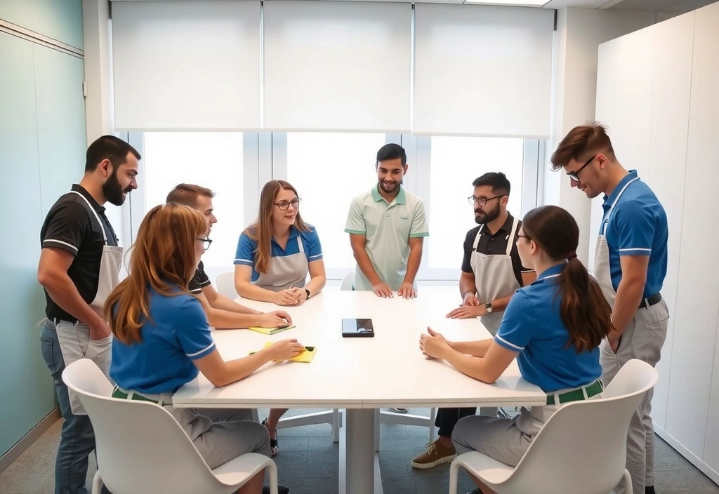 Cleanerworld team discussing client feedback in a clean meeting room